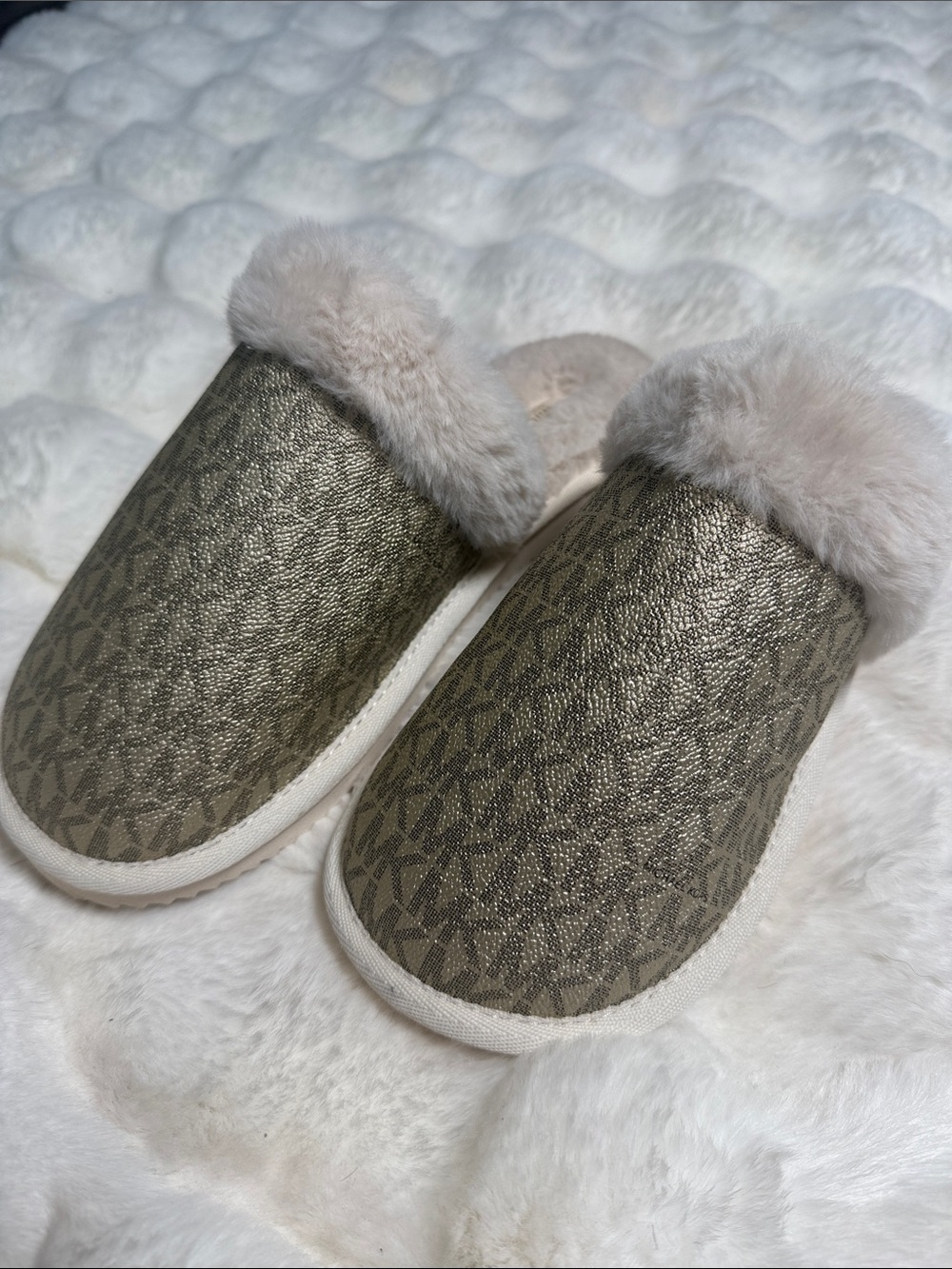 Michael Kors Liddy Metallic Signature Logo and Faux Fur Slippers